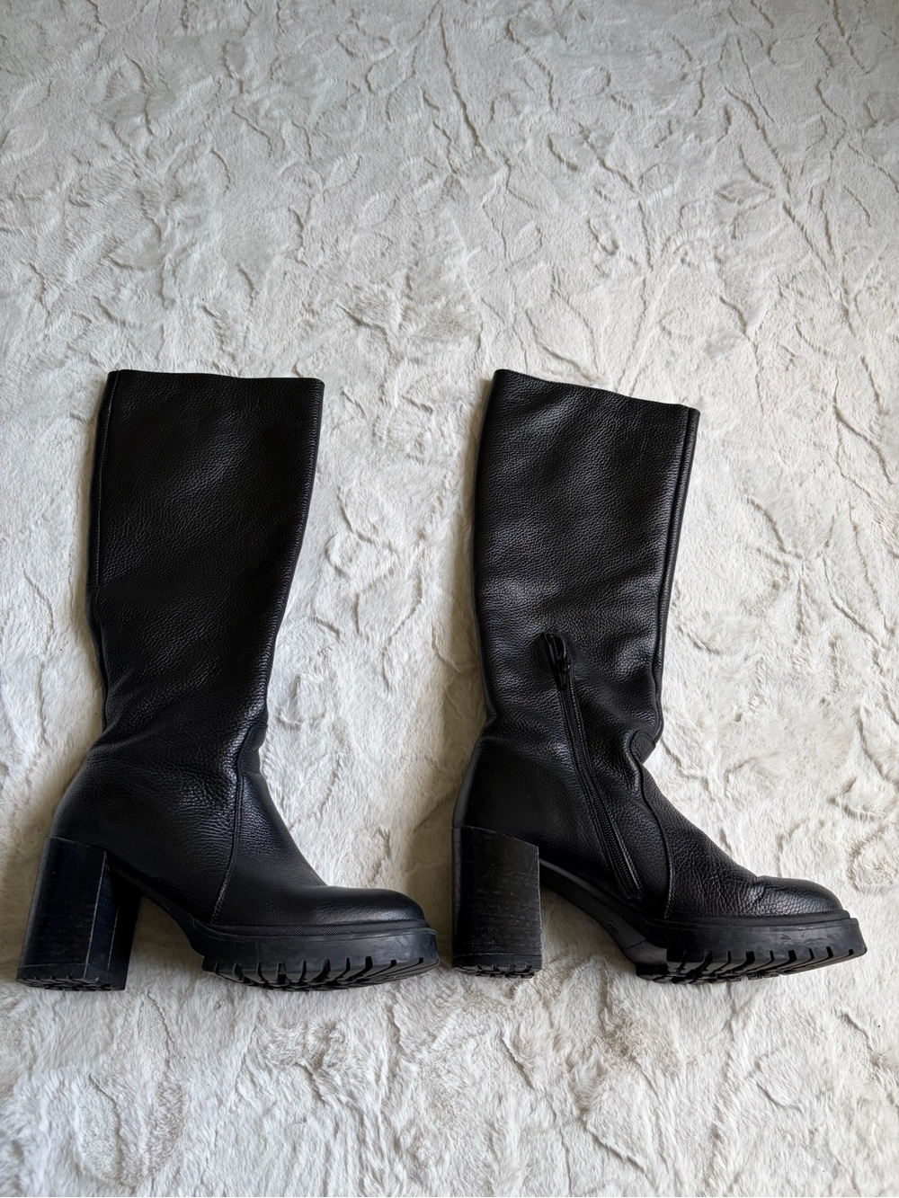 🖤Anthropologie Sz 10 Black Leather Knee High Heel Boots with Tread SEXY worn 1x🖤